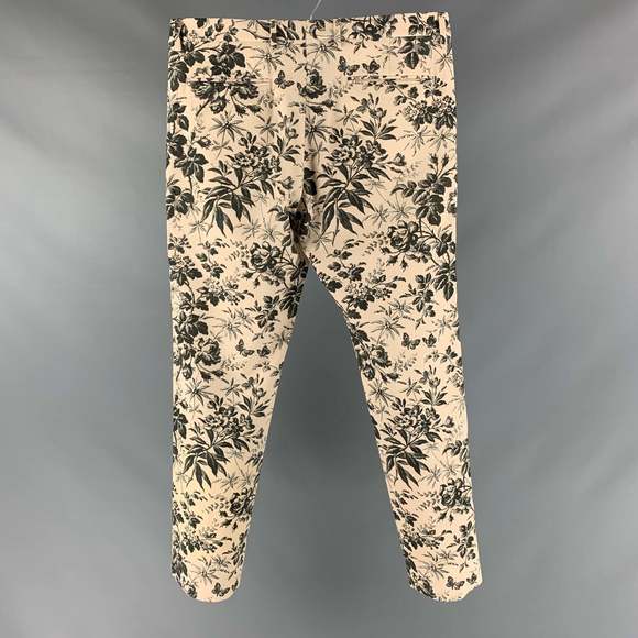 GUCCI Cream Black Floral Cotton Flat Front Dress Pants - Picture 3 of 7